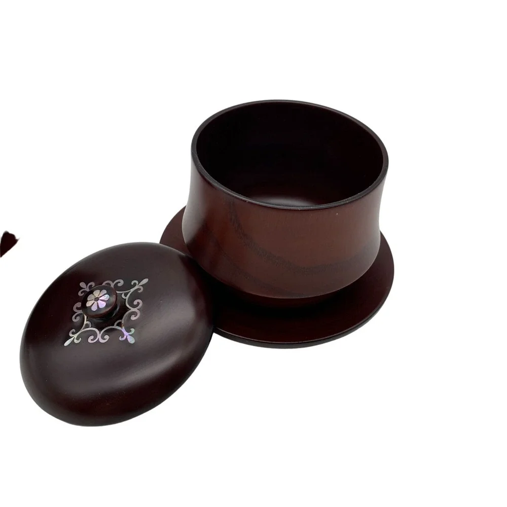 Wooden lidded vanity trinket dish jar Mother of pearl inlay mahogany turned poli